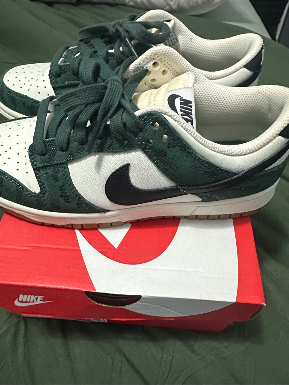 Nike Dunk Low Forest Green White Black Suede Sneakers